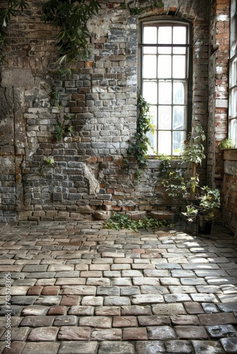 Rustic charm and fading edges highlight the cobblestone backdrop in this detailed-focus photography studio. © Kanisorn