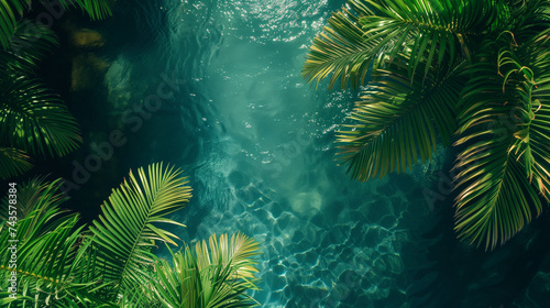 Tropical Paradise Water with Sunlight Filtering Through Palm Leaves