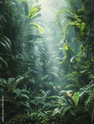 Rainforest canopy digital backdrop with lush greens and dappled light  central focus area surrounded by naturalistic blur.