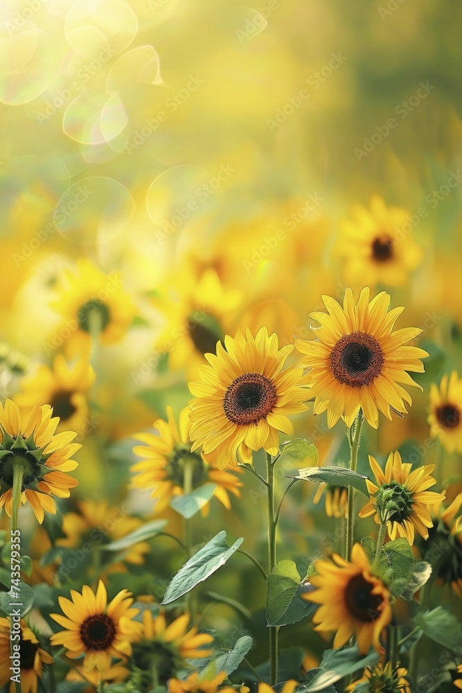 Capturing the vibrant yellows and greens of a sunflower field with a central subject and beautifully blurred edges. Capturing the vibrant yellows and greens of a sunflower field with a central subject and beautifully blurred edges.
