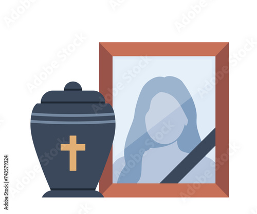 Urn with ashes. Dead woman portrait. Dead young girl photo. Funeral ceremony. Ritual service. Vector illustration.