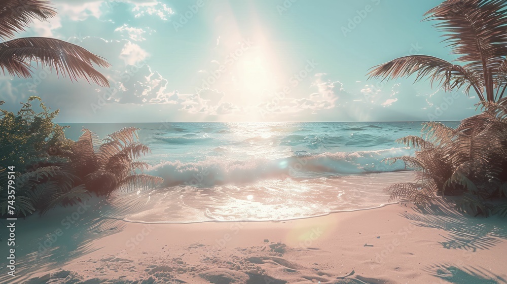 Tropical beach backdrop exudes paradise vibes with clear sandy center and dreamy oceanic blur for edge effects. - obrazy, fototapety, plakaty 
