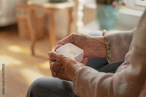 Senior person holding voice-assistant with medical reminders photo