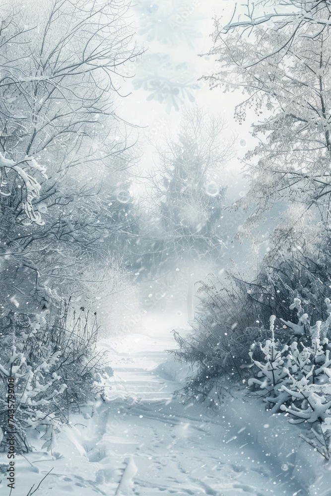 Fototapeta premium Winter wonderland digital backdrop, snowy scene with a clear, frosty central area surrounded by a chilly haze blur.
