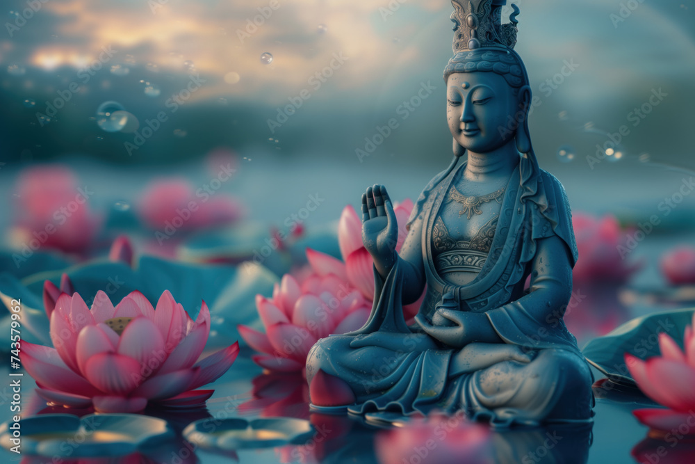 Guanyin Buddha statue in tranquil meditation with pink lotus flowers on water.