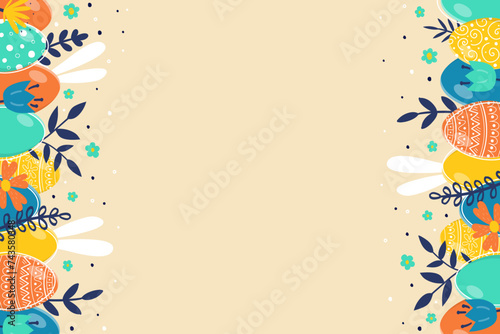 Hand painted Easter eggs, bunnies and flowers. Abstract background. Vector illustration