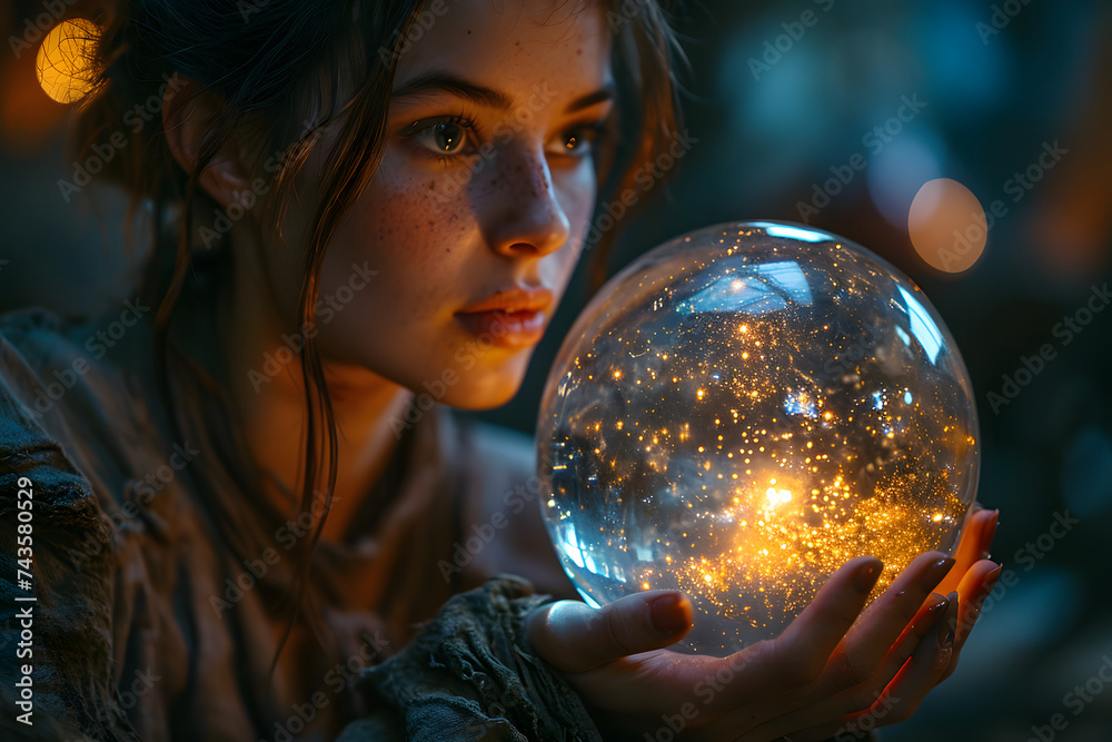 Naklejka premium Psychic Woman Holding a Crystal Ball. Portrait of Fortune Teller