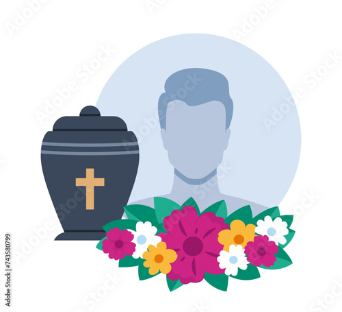 Urn with ashes. Dead man portrait and flowers. Dead young guy photo. Funeral ceremony. Ritual service. Vector illustration.