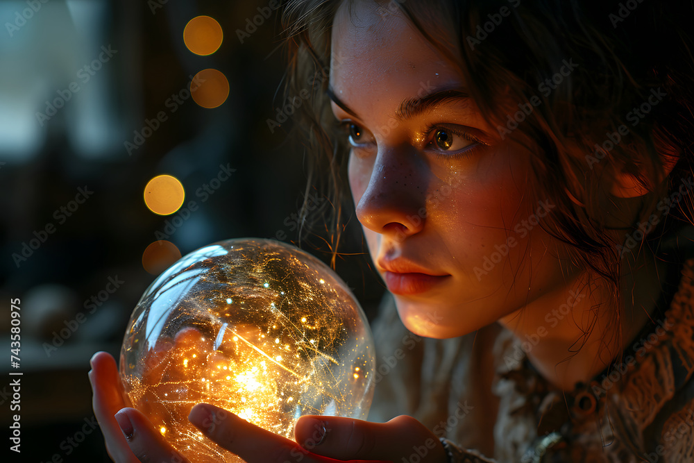 Naklejka premium Psychic Woman Holding a Crystal Ball. Portrait of Fortune Teller