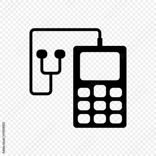 Black mobile phone with earphone or headphones icon on transparent background. Vector illustration.