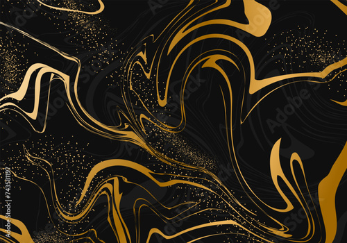 Gold and black Liquid backgrounds. Luxury Marble stone texture with glowing golden veins. Futuristic poster with abstract lines. Vector minimalistic illustration.