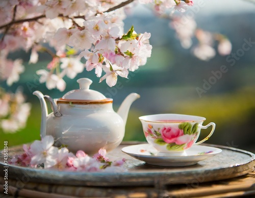 満開の桜の庭で催される、美しい茶器でのお茶会