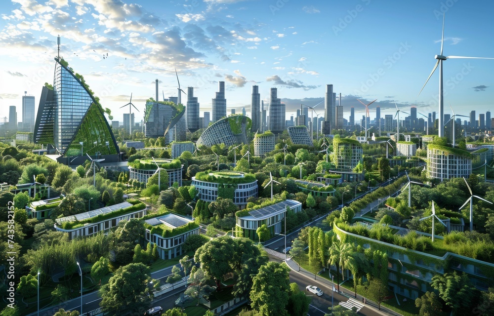 Futuristic Eco-City with Green Roofs and Renewable Energy Illustration