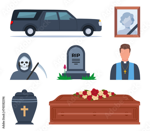 Funeral icons. Funeral accessories. Funeral wreath, coffin, tombstone, urn with ashes, death, priest, corpse, hearse, flowers, will. Ritual services, funeral agency concept. Vector illustration.