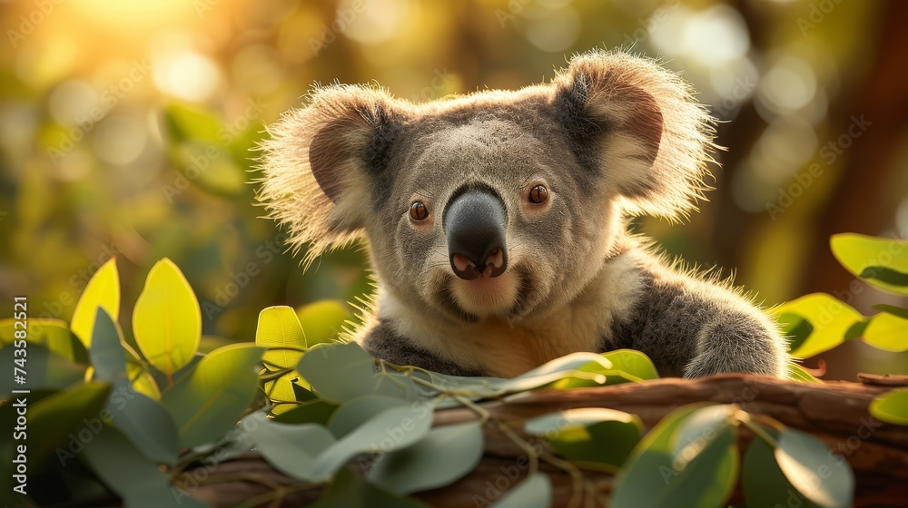 Fototapeta premium Cute koala perched on a branch surrounded by leaves in sunlight.