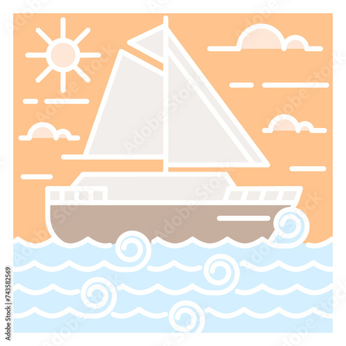illustration of ocean and sailboat monoline or line art style
