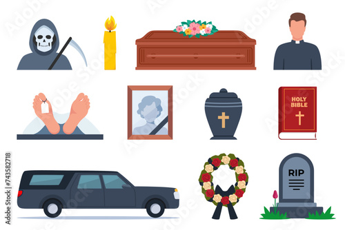 Funeral icons. Funeral accessories. Funeral wreath, coffin, tombstone, urn with ashes, death, priest, corpse, hearse, flowers, will. Ritual services, funeral agency concept. Vector illustration.