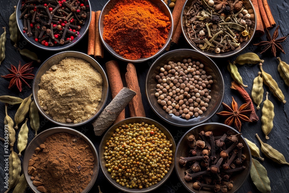 Assortment of colorful spices and herbs in bowls on dark surface