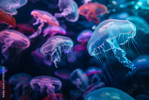 glowing sea jellyfishes on dark background, neural network generated image © lucky pics