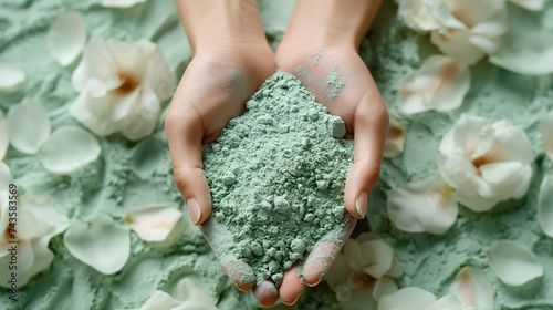 Hands touching a clay powder mat on green background. Olive green ambiance. Beauty salon. Commercial institut.
