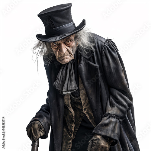 Illustration of Ebenezer Scrooge from Charles Dickens A Christmas carol cut out and isolated on a white background photo
