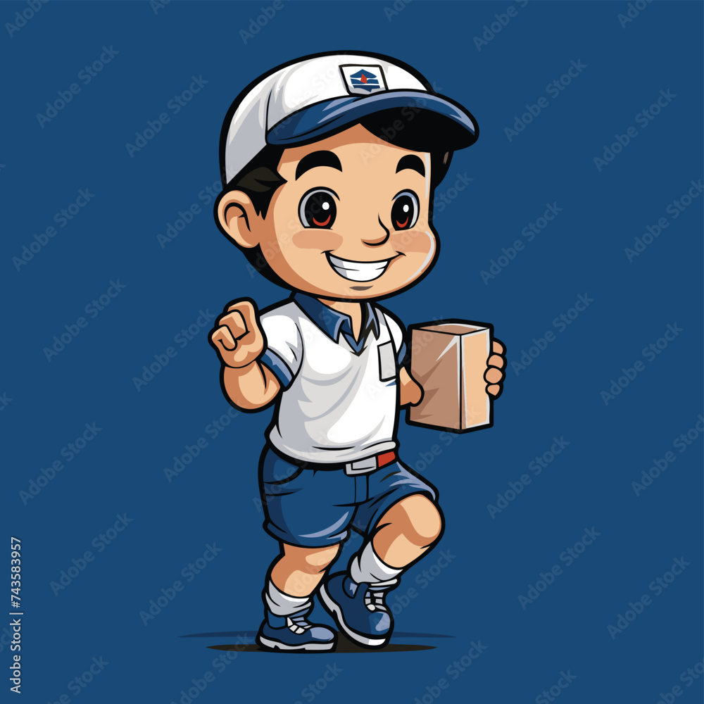 Cartoon delivery boy with a box on his hand. Vector illustration.