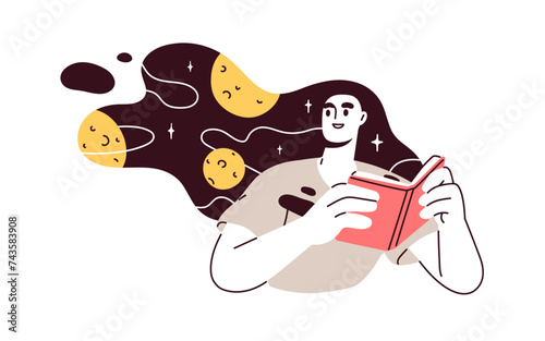 Reading book on space, universe, astronomy. Imagination, fantasy, education concept. Woman reader imagining, dreaming about cosmos, planets. Flat vector illustration isolated on white background © Good Studio