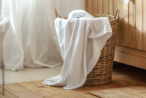 White bath towels in a wicker basket with a cozy, warm bathroom setting.