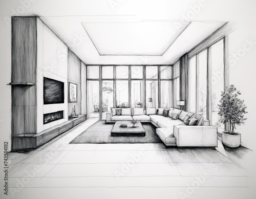 Sketch of the interior of the living room  kitchen