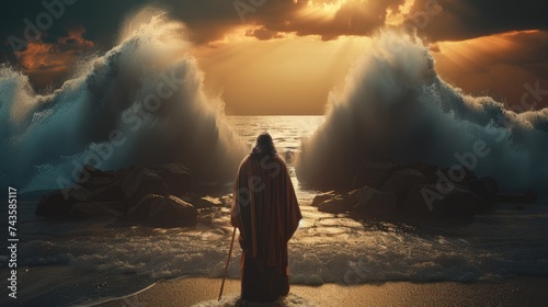 Biblical miracle: back view of moses dividing the sea with his stick, giant walls made of water waving, depicting a powerful christian symbol of divine intervention and faith from the old testament.