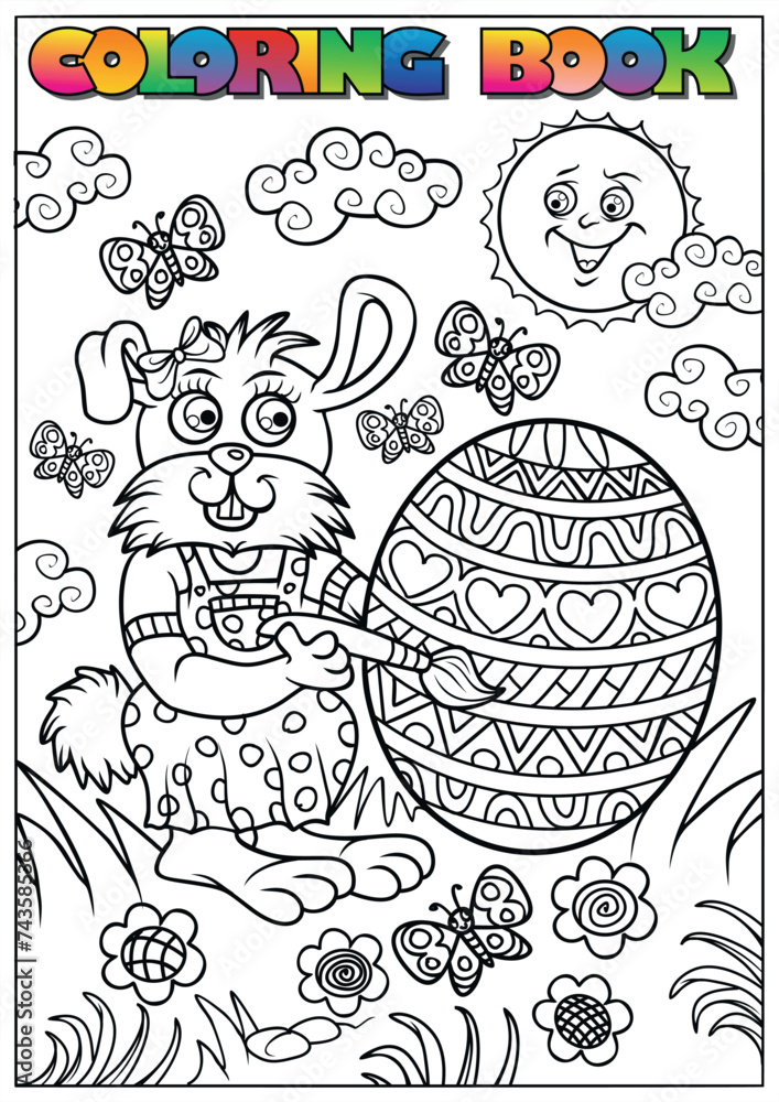 children's coloring book for Easter, a bunny paints an Easter egg