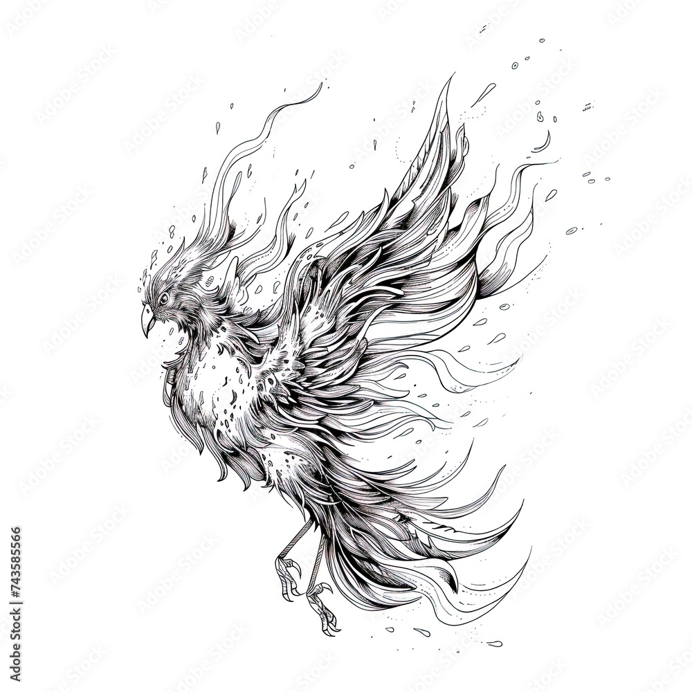 Phoenix illustration, drawing, engraving, ink, line art, vector. Sketch of a tattoo in the form of a Firebird. T-shirt apparel print design. Phoenix illustration, drawing, engraving, ink, line art, vector. Sketch of a tattoo in the form of a Firebird. T-shirt apparel print design.
