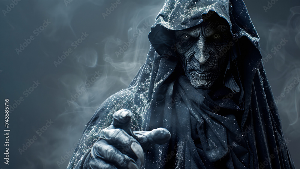 Obraz premium Ghost of Christmas yet to come from dickens Christmas carol, angel of death or the grim reaper apparition in a foggy atmosphere with copy space
