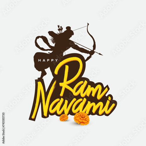 Happy Ram Navami Hindu cultural festival typography design with lord Ram silhouette