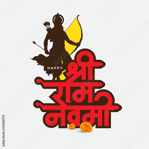 Happy Ram Navami Hindu cultural festival typography design with lord Ram silhouette, Hindi Typography, meaning Ram Navami
