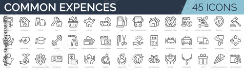 Set of 45 outline icons related to common monthly expenses. Linear icon collection. Editable stroke. Vector illustration photo
