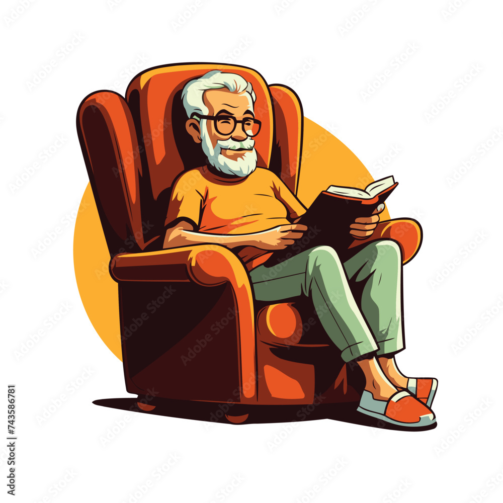 Old man sitting in armchair and reading book. Vector illustration.