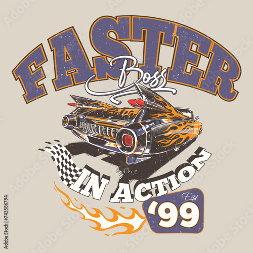 Racing slogan design with classic car illustration