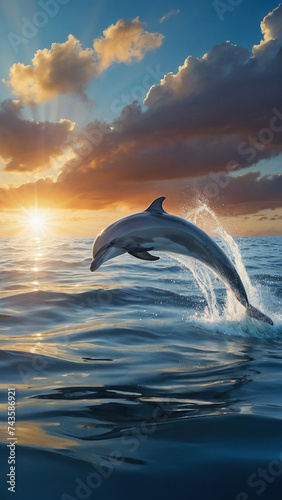 beautiful dolphin leaping jumping from shining sunset sea water surface © Sahaidachnyi Roman