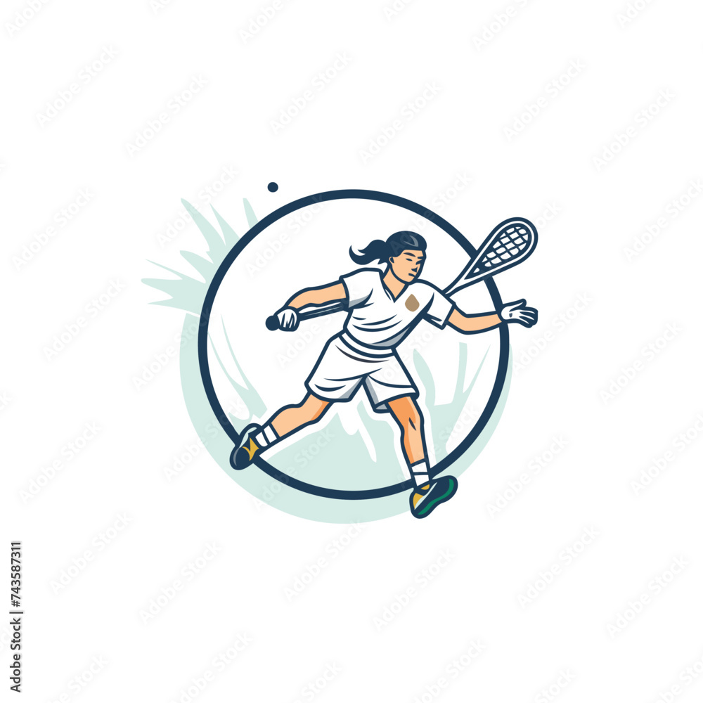 Tennis player with racket and ball. Vector illustration in retro style