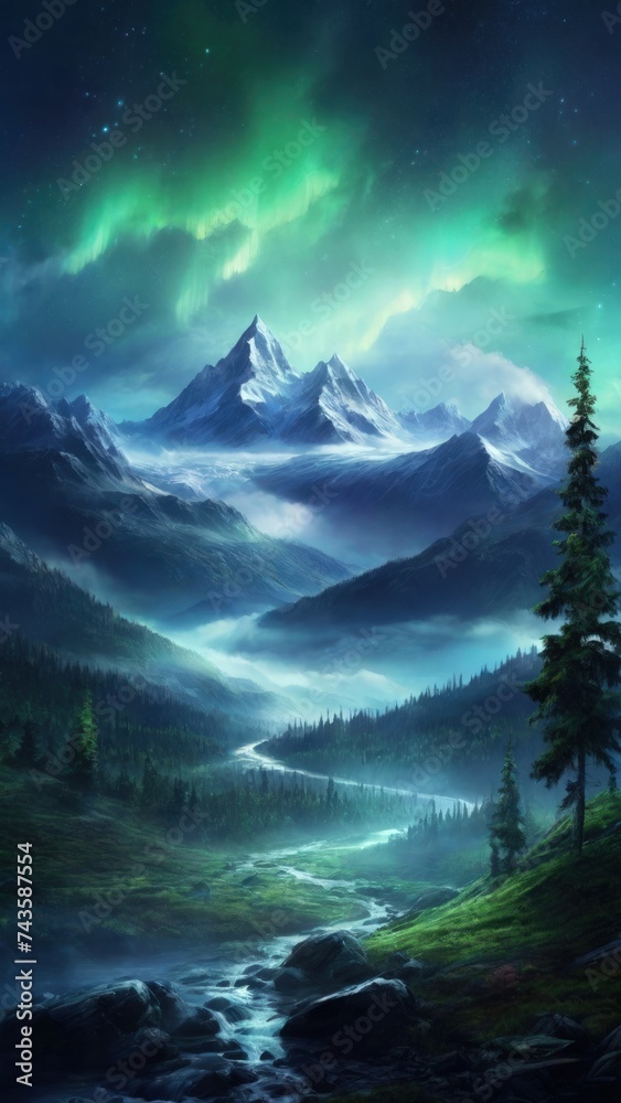 Beautiful View of Misty Aurora Night Mountain Forest Landscape Wallpaper Illustration
