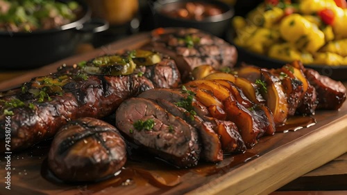A celebration of flavors and textures with a churrasco feast featuring a variety of meats from y jalapeÃ±o sausage to tender chunks of grilled pork tenderloin all served with photo
