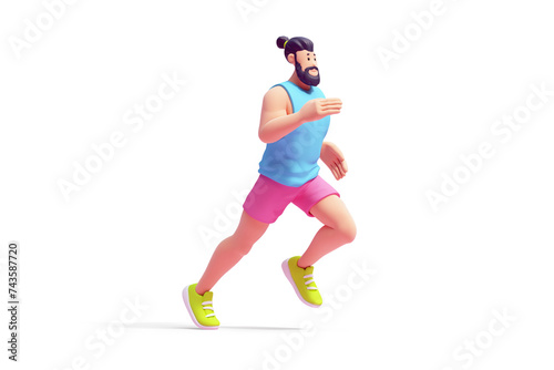Full length of a young cute smiling bearded brunette man wears pink shorts, blue tank top, green sneakers running and having fun. Self-care, healthy lifestyle, wellness. 3d render isolated transparent