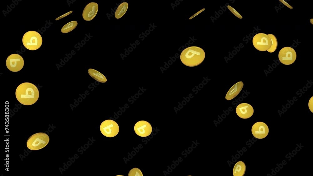 Pポイントマークの付いた、たくさんの金色のコインが上から降ってくるアルファチャンネル付き背景素材Alpha channel background with lots of golden coins with P point symbols falling from above CG