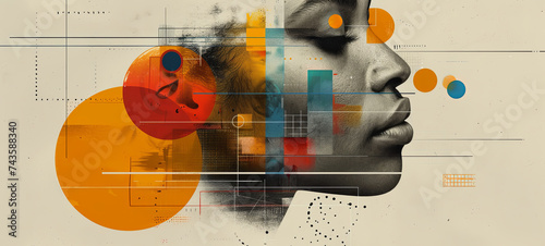 Minimalist print style collage poster, Abstract grunge backdrop, Retro futuristic graphic design style. photo