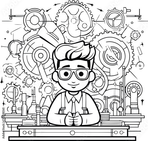 Engineer working with gears and cogwheels. Black and white vector illustration.