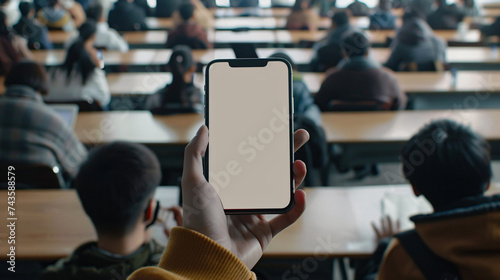 Student teacher hand holding isolated smartphone device in the classroom at high school university with blank empty white screen, communication education technology concept photo