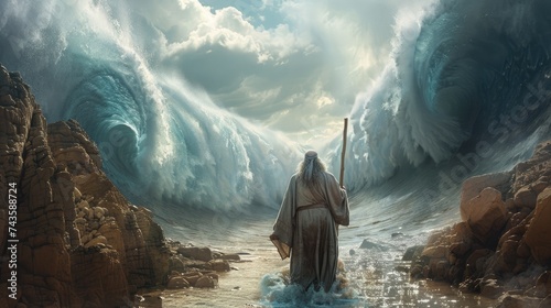 Biblical miracle: back view of moses dividing the sea with his stick, giant walls made of water waving, depicting a powerful christian symbol of divine intervention and faith from the old testament.