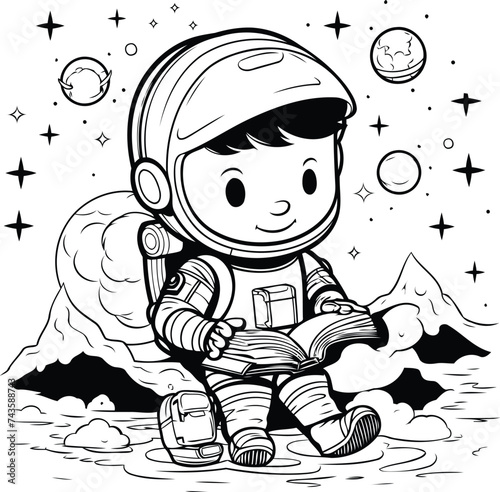 Astronaut boy cartoon vector illustration. Black and white image.