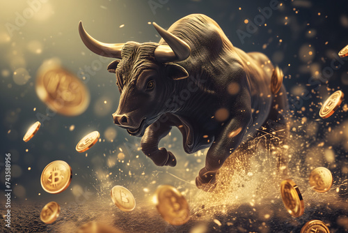 Running bull and bitcoin shiner for crypto bull run concept. photo